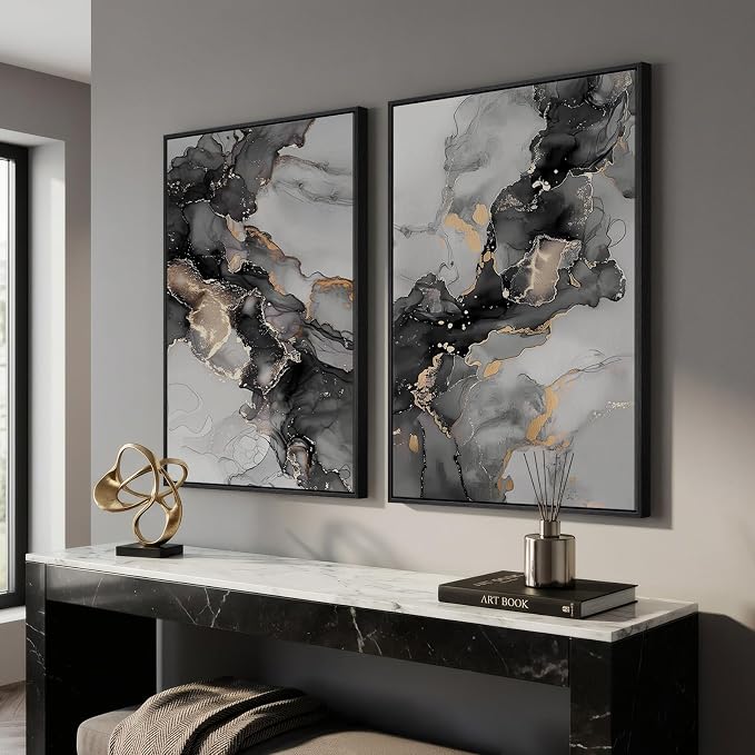 Framed Abstract Black and Gold Wall Art for Living Room, Set of 2 Large Modern Canvas Paintings Prints, Contemporary Marble Motifs Picture Artwork for Bedroom Office Hallway Wall Decor, 24x36 Inch