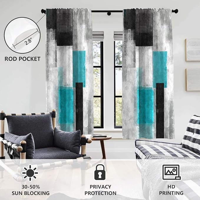 AAtter Teal Black and Grey Window Curtain Turquoise Aqua Gray Silver White Geometric Printed Abstract Deco Long Wide Living Room Bedroom Drapes Treatment Fabric 1 Pair, 52" W x 84" L, Modern