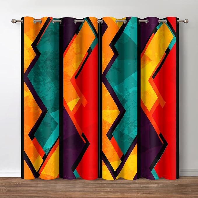 Jekeno Geometric Patterns Blackout Curtains - Room Darkening Window Drapes Rainbow Colorful Grid Design Print Decor Home Bedroom Living Room Grommet Window Drapes 2 Panel Set, 52"x63"
