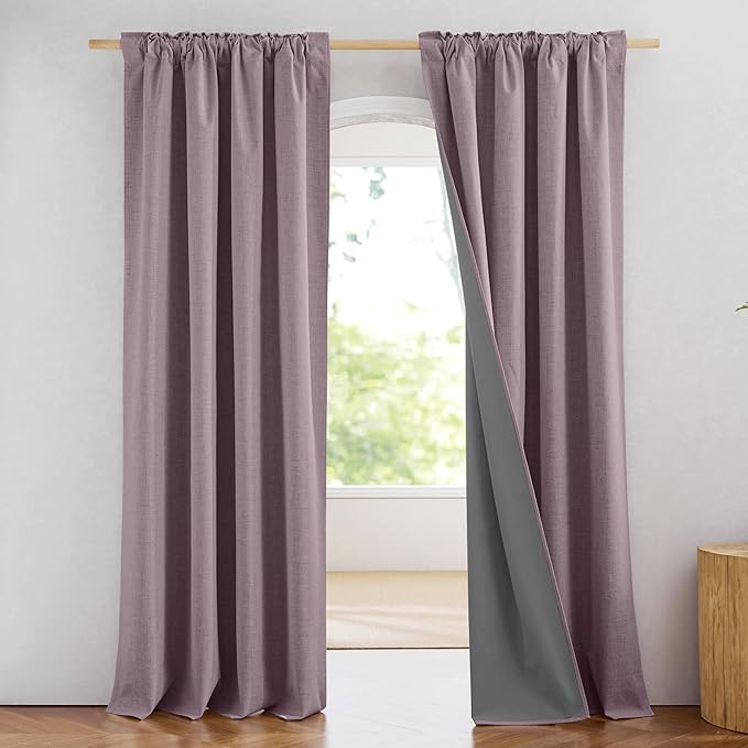 NICETOWN Chaise Mauve Vintage Linen 100% Blackout Curtains for Living Room, 52" Wide Per Panel, Set of 2, Thermal Insulated Curtains 90" Long, Noise Reducing Window Treatment Drapes for Home Cinema