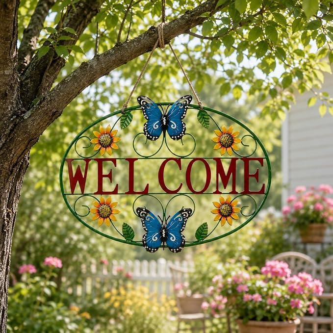 Glitzhome Metal Welcome Sign, Outdoor Metal Welcome Signs for Outside with Vivid Butterfly Wall Decor, Sunflower Garden Art Plaque for Porch Home Decoration