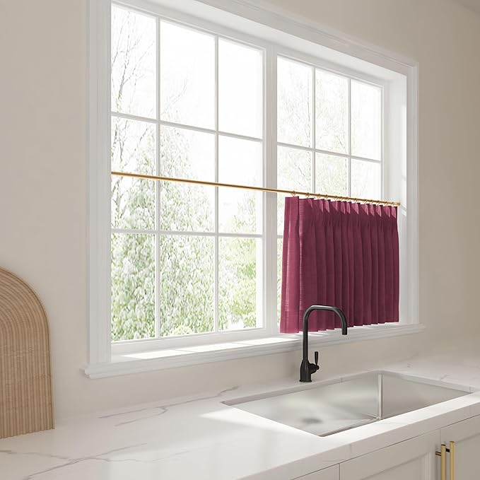TWOPAGES 34" W x 45" L Linen Blend Cafe Curtains for Kitchen Window, Light Filtering Pinch Pleated Tier Curtains, Modern Farmhouse Half Window Curtains for Small Window, Burgundy Red, 2 Panels