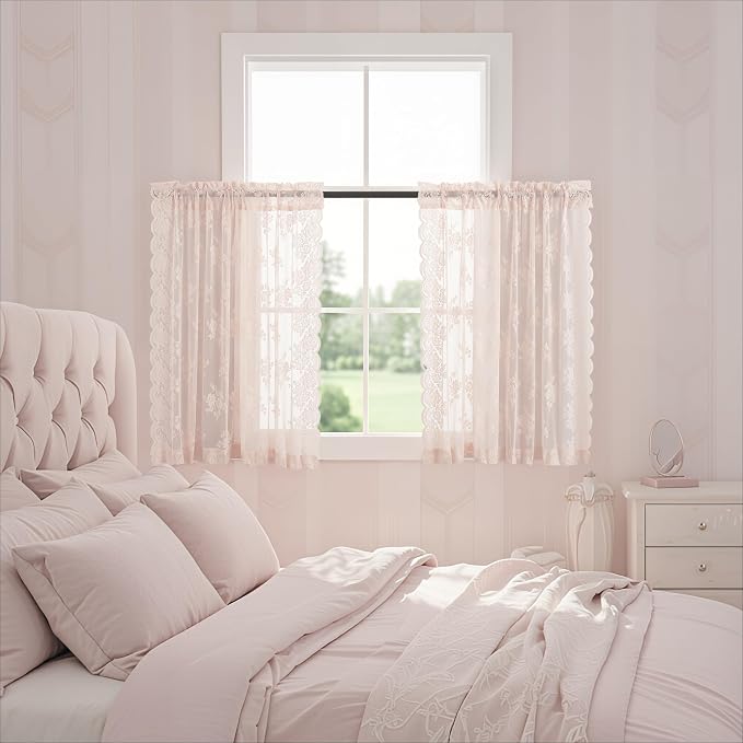 Blush Pink Lace Curtains 36 Inch Length, 2 Panels, W42 x L36 Inch Each, Country Rustic Floral Coquette Lace Cafe Curtains for Kitchen Window, Rod Pocket Privacy Short Sheer Curtain for Small Windows