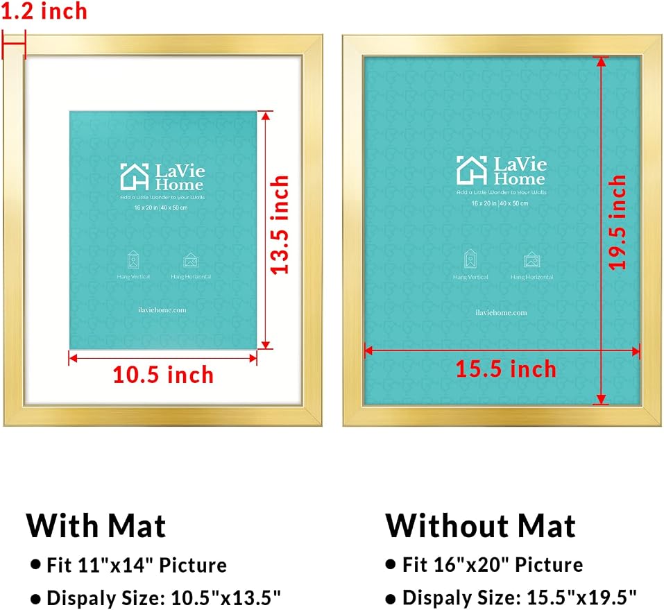 LaVie Home 16x20 Picture Frame Gold Poster Frame,Display Pictures 11x14 with Mat or 16x20 Without Mat, Stable and Sturdy Frame and Polished Plexiglass, Horizontal and Vertical Format of The Walls