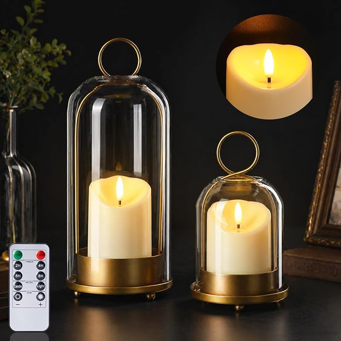 Brass Hurricane Handmade Sturdy Glass Dome Candle Holders with Glass Cover, Set of 2 Flameless Battery Operated LED Pillar Candles and Remote, Elegant Cloche Lantern for Modern Table Centerpiece