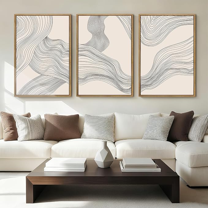 Large Beige Abstract Wall Art Framed Neutral Modern Canvas Wall Decor Minimalist Line Wave Painting 24x36 Inch Pictures Set of 3 for Living Room Bedroom Dining Room