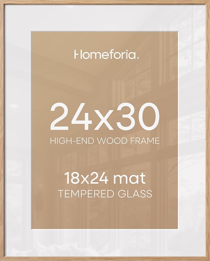 Homeforia 24x30 Picture Frame Wood, High End Natural Oak 24 x 30 Frame with Mat 18 by 24, 24x30 Light Wooden Poster Frames Matted to 18x24 Photo, 30by24 Large Frame, Tempered Glass, Wall Kit, Set of 1