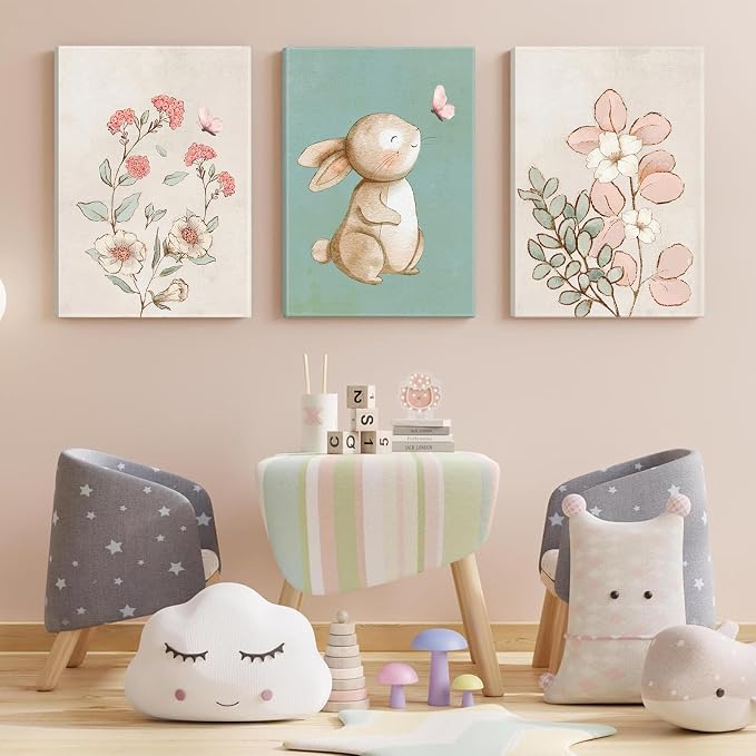 Framed Nursery Wall Art Set of 3 Pink Flower Botanical Pictures 12x16 In | Green Bunny Paintings, Cute Animal Canvas Prints for Girls and Boys Kids Room, Baby Room Decor