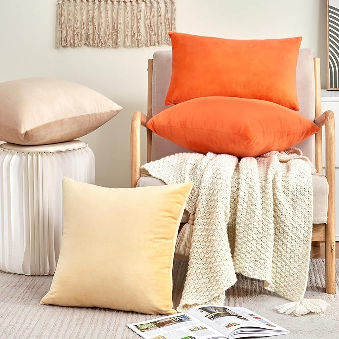 Fall Orange Throw Pillow Covers Decorative Velvet Set of 2 24x24 Inch Pillow Covers, Soft Burnt Orange Pillowcases for Couch Sofa Bed Living Room, Farmhouse Boho Decor, Accent Cushion Covers