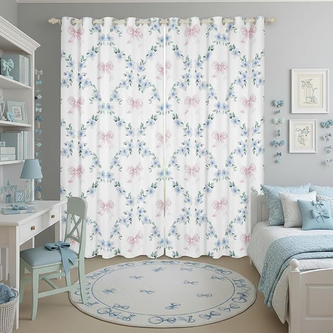 Erosebridal Pink Kawaii Ribbon Bow 38" Wx54 L Curtain for Kids Girls Teen,Blue Flowers Plaid Bowknot Window Treatments Cute Girly Bow Window Curtain Plant Floral Leaves Curtains & Drapes
