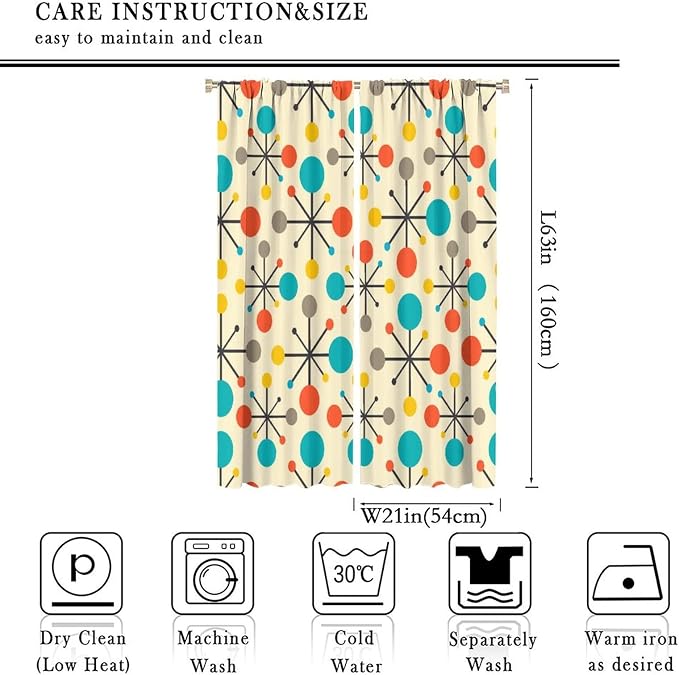 JESTRONRY Mid Century Curtains,Mid Century Fifties Modern Retro Colors Pattern Blackout Rod Pocket Window Drapes for Living Room Bedroom Kitchen Bathroom Home Decor 42x63in