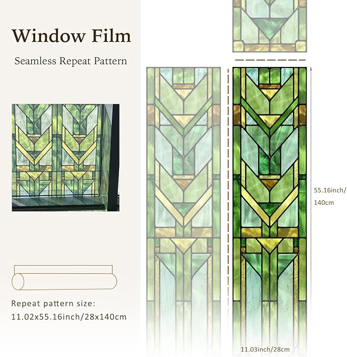 Faux Stained Glass Effect Transparent Window Film, Original Hand Drawn Static Cling for Sidelight Door Glass Decor Inspired by Frank Lloyd Wright, 11.02" x55.12" Martin House, Green