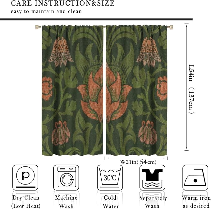 Vintage Bohemia William Morri Plant Flowers Blackout Window Curtains, Abstract Art Retro Plants Pattern Print Window Drapes, for Bedroom Living Room 21(W)*54(L) 2 Panels