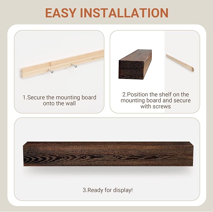 Heimlove Fireplace Mantel Shelf 48 Inch,Handmade Rustic Solid Wood Mantles for Over Fireplace,Wall Mounted Floating Fireplace Mantel Shelf for Living Room Decor,48"x 8"x 6"-Dark Carbonized
