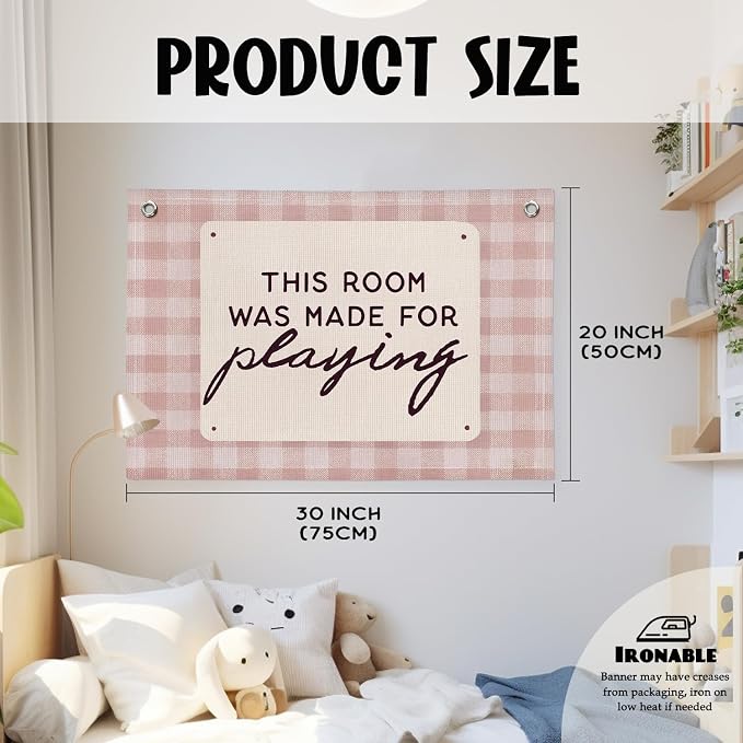 Playroom Wall Decor, This Room Was Made For Playing Playroom Banner, Banner Flag Wall Hanging Decor for Toddler Girls Baby Girl Room Nursery 20x30 Inch - Pink