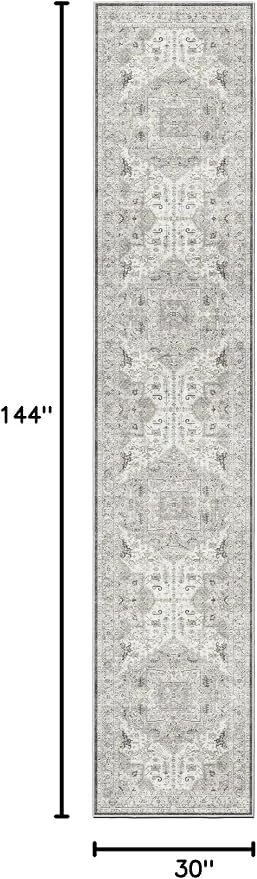 Madane Hallway Runner Rug 2'6''x12' Kitchen Runners Vintage, Ivory/Brown | Non-Slip Washable Rugs 12ft for Laundry Room, Entryway and Bedroom, Soft Low Pile Stain-Resistant Wide 2.5x12 Ft Floor Carpet