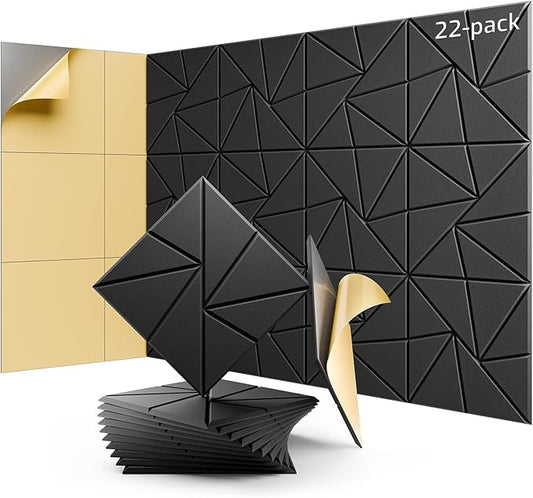 22 Pack Acoustic Panels, Sound Proof Foam Panels for Walls, Self-Adhesive High Density Soundproof Wall Panels, 12" X 12" X 0.4", Sound Absorbing Panels for Home, Studio, Office (Black)