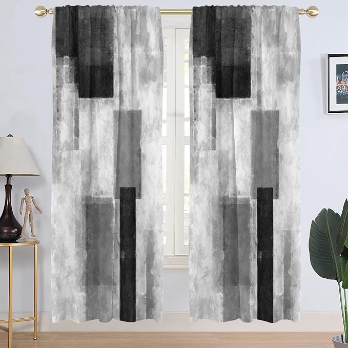 AAtter Black Grey and White Window Curtain Long Wide Gray Abstract Geometric Silver Art Aesthetic Minimalist Living Room Bedroom Drapes Treatment Fabric 1 Pair, 52" W x 84" L, Modern