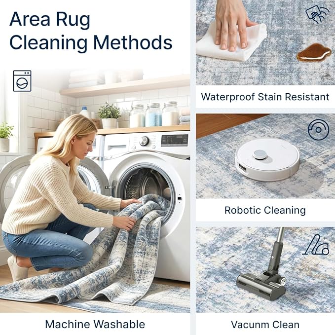 9x12 Area Rugs Washable Living Room Rug-No Slip Soft Carpets Modern Abstract Coastal Indoor Floor Stain Resistant Large Carpet for Bedroom Dining Room Farmhouse Nursery Home Office Blue