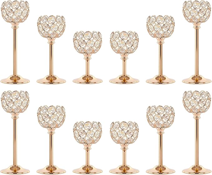 Crystal Candle Holders 4 Set of 12 - Gold Vintage Hollow Ball Candle Stand for Table Centerpiece, Crystal Metal Tealight Candlestick for Wedding, Dining Room Decor