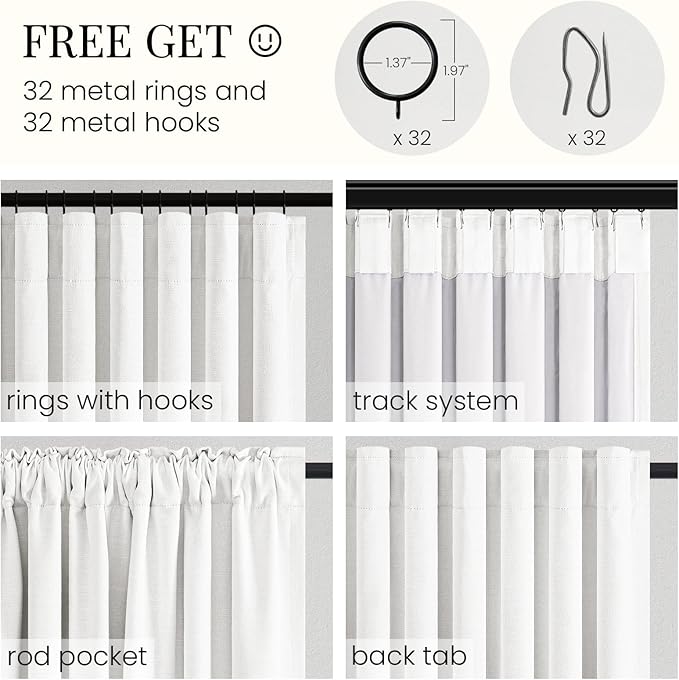 Topfinel 108 Inch Extra Long 100% Blackout Linen Curtains with Rod Pocket & Back Tab, Beige White Floor to Ceiling Drapes for Villa Bedroom Livingroom Boho Elevated Decor Beige White 52" W*108" L