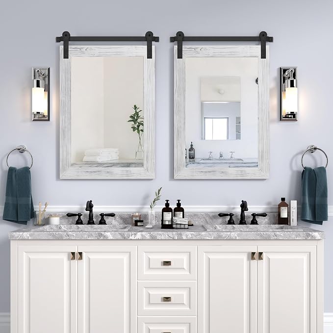 COGOOD Farmhouse Bathroom Mirror - 30 x 22 Rustic Wood Framed Wall Barn Door Mirror for Entryway, Living Room, Vanity Wall Decor (White)