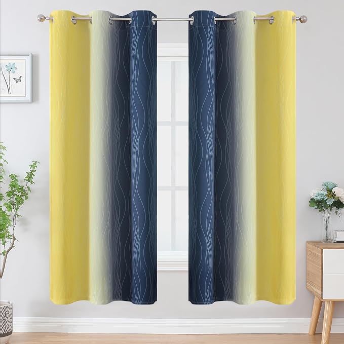Estelar Textiler Navy Blue and Yellow Ombre Blackout Curtains for Living Room, Full Room Darkening Grommet Curtains for Bedroom, Thermal Insulated Light Blocking Gradient Drapes, 42Wx72L, 2 Panels