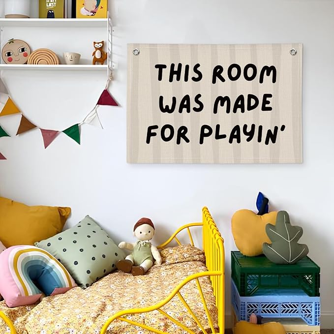 Playroom Decor Wall Banner "This Room Was Made For Playin'" 20x30 Inch - Nursery Canvas Art, Kids Bedroom Hanging, Linen Toddler Play Area Sign, Children's Canvas Flag Decor - Beige