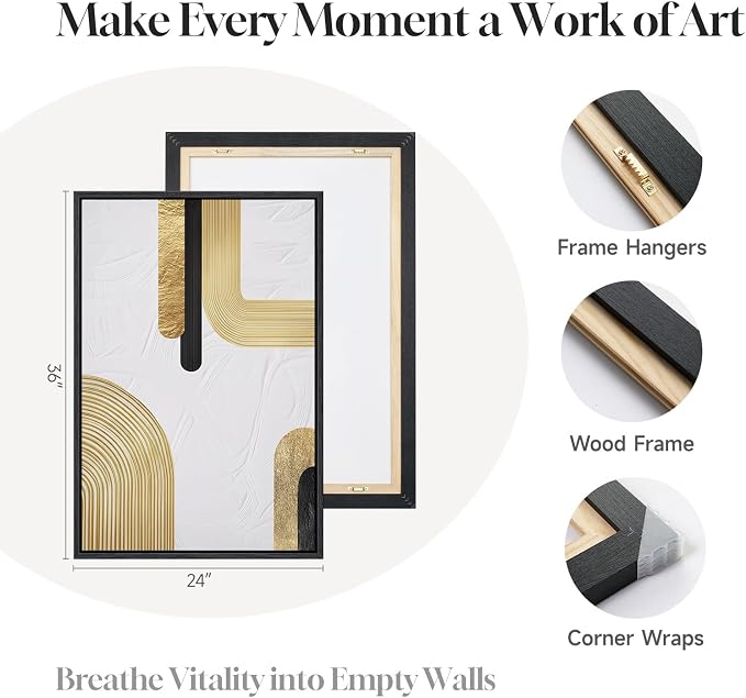 Large Framed Gold Abstract Wall Art Set of 2 for Living Room, Modern Minimalist Luxury Black White Canvas Artwork for Walls, Contemporary Line Painting Print Wall Decor for Bedroom Office, 24x36 Inch