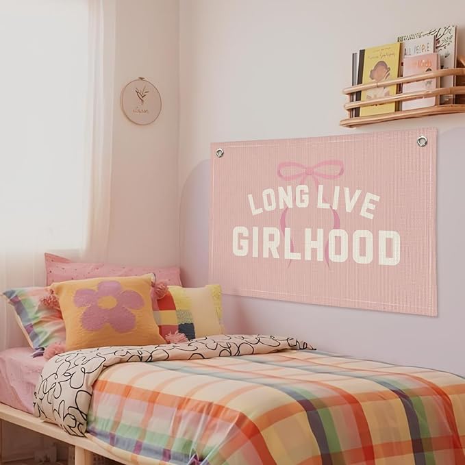 Long Live Girlhood Banner, Girl Nursery Decor, Toddler Girl Room Decor, Pink Bow Girls Room Wall Decor, 30x20 Inch Linen Wall Hanging Canvas Banner Flag