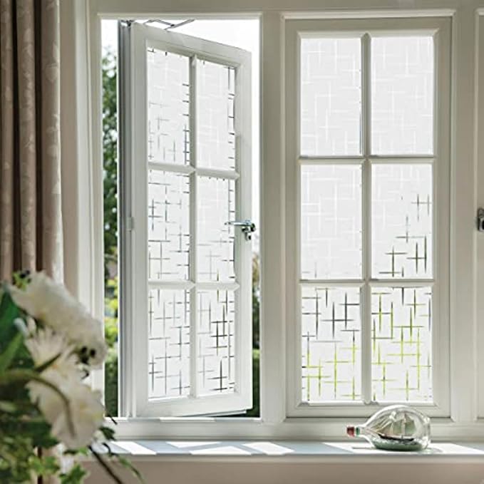 Finnez Frosted Window Film Non-Adhesive, Static Cling Privacy Film for Glass, No Glue Decorative Cling for Home Office Bathroom UV Protection Cross Pattern 11.8 X 118.1 Inches