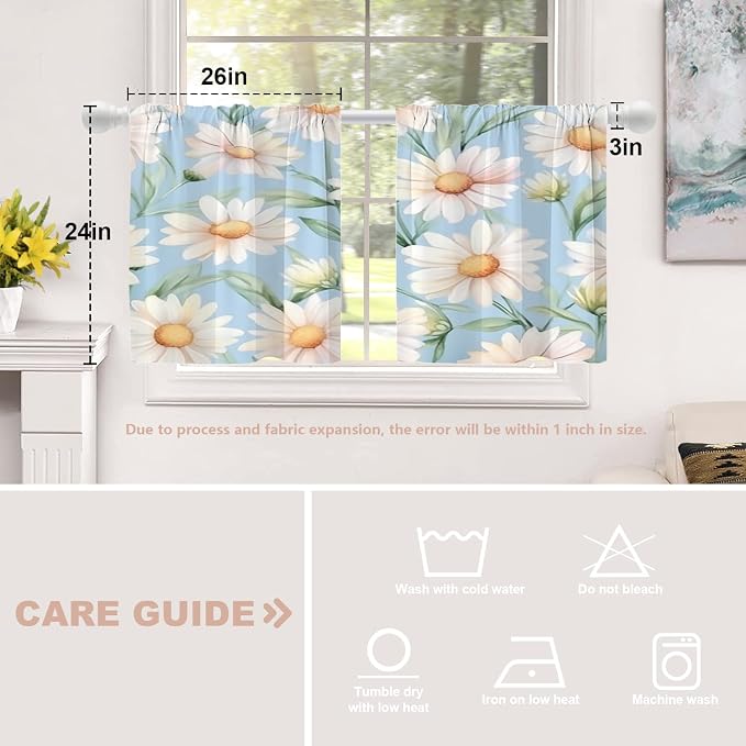 Shrahala Daisies Leaves Blackout Curtain Tiers, White Daisies On Blue Kitchen Valance Light Blocking Tier Drapes with Rod Pocket, 2 Pack 26 X 24 in