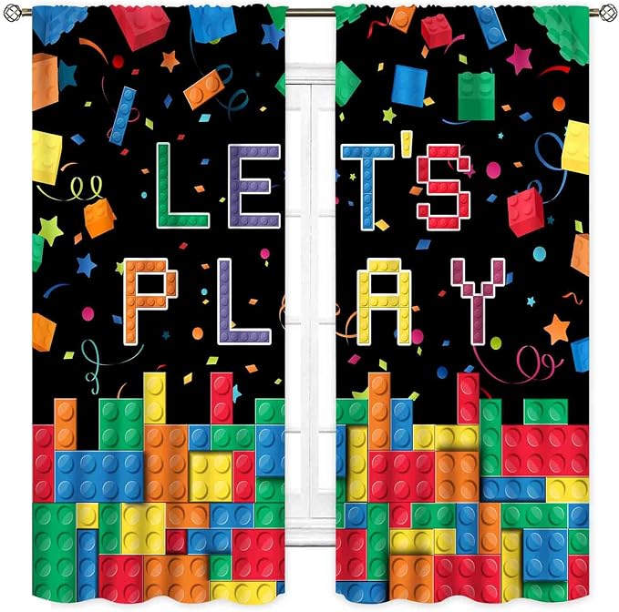 Kids Boys Curtains for Bedroom, Colorful Building Blocks Plastic Brick Pattern Abstract Contour Printed Blackout Drapes for Boys Room Living Room Nursery Party Decor 2 Panels, 84"x84" Inch