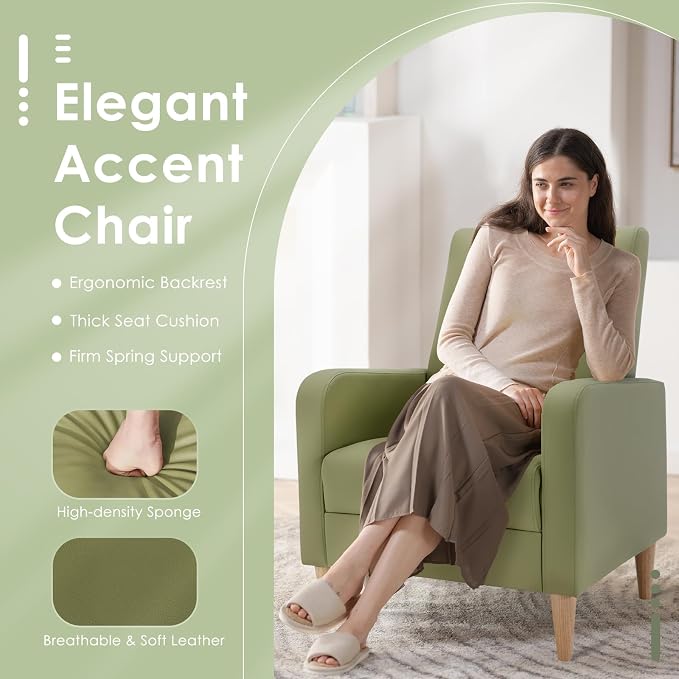 COLAMY Mid-Century Modern Accent Chair, Faux Leather Upholstered Living Room Chair with Back Pillow & Solid Wood Legs, Comfy Armchair for Living Room, Bedroom, Single Sofa, Light Green