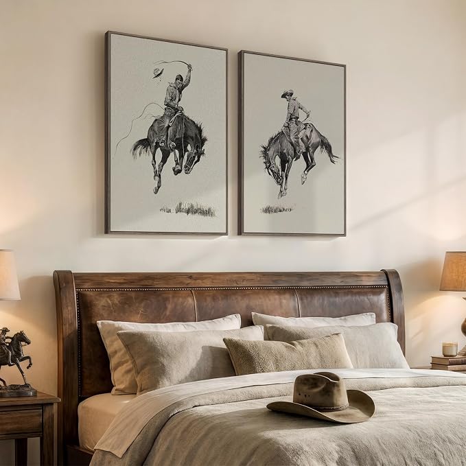 Framed Large Western Cowboy Wall Art for Living Room, 2 Piece Vintage Farmhouse Canvas Prints Paintings, Sketch Style Southwestern Country Picture Artwork for Bedroom Hallways Wall Decor, 16x24 Inch
