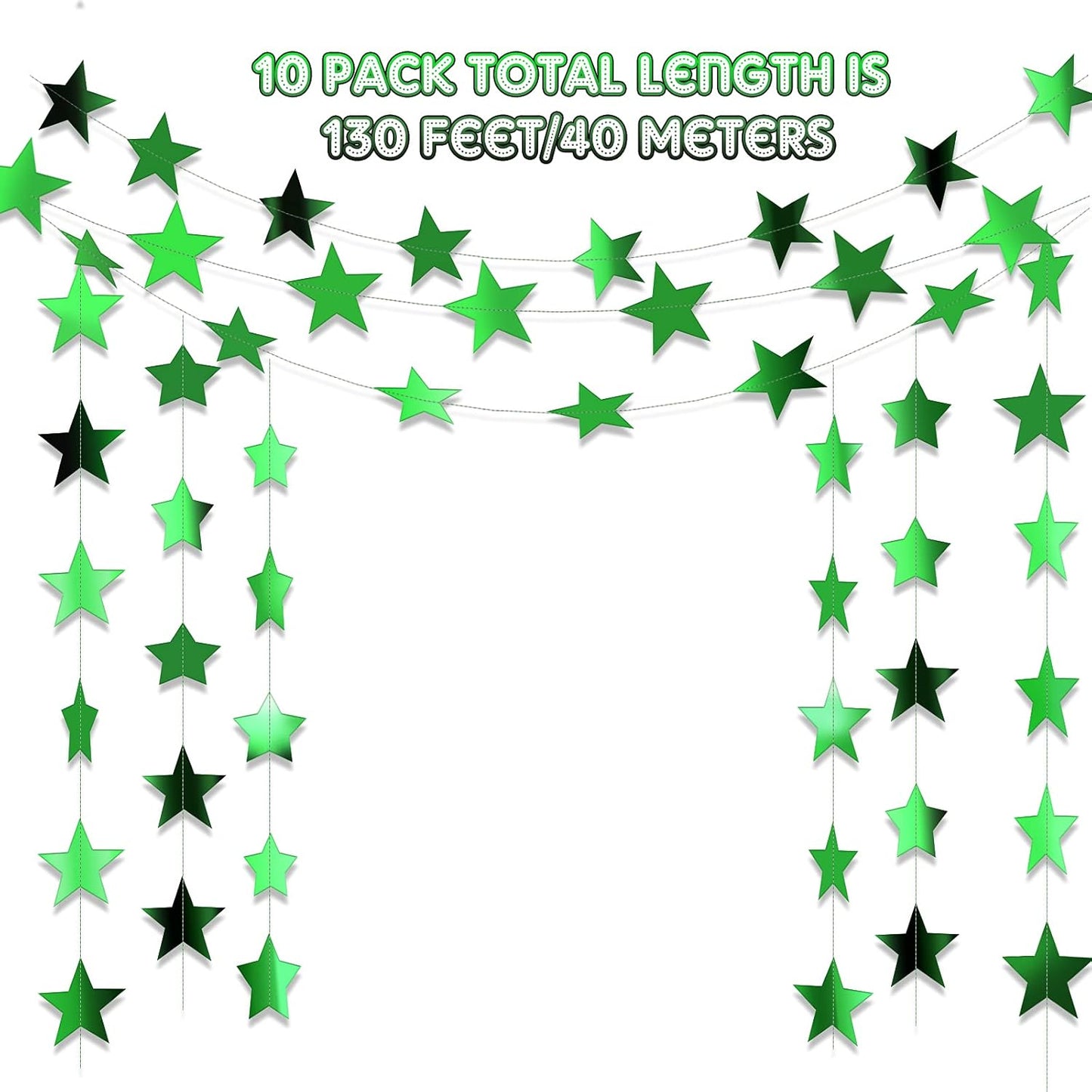 Patelai Glitter Star Garland Banner Decor 130 Feet Star Hanging Bunting Banner Twinkle Backdrop for Homecoming Classroom Wedding Birthday Halloween Christmas Party Supplies(Green)