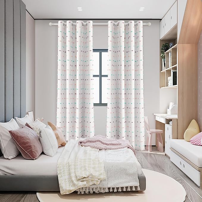 MYSKY HOME Total Blackout Curtains for Living Room 95 Inch Long 100% Light Blocking Curtains for Bedroom 2 Panels Set Privacy Protect Grommet 2 Layered Drapes with Rainbow Pom Pom Sheer 52W x 95L