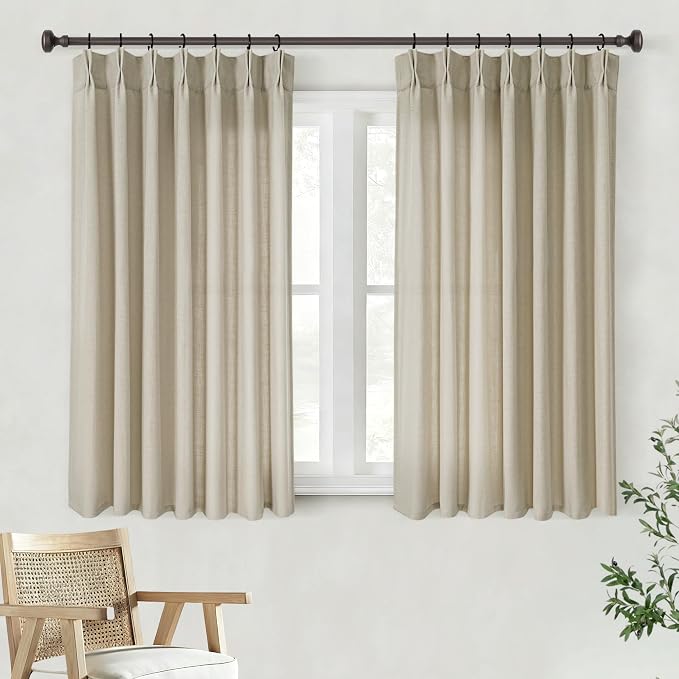 Linen Pinch Pleated Curtains 45 Inch Length 2 Panels for Living Room Bedroom Textured Semi Sheer Drapes Pinch Pleat Rings Window Curtain 40x45