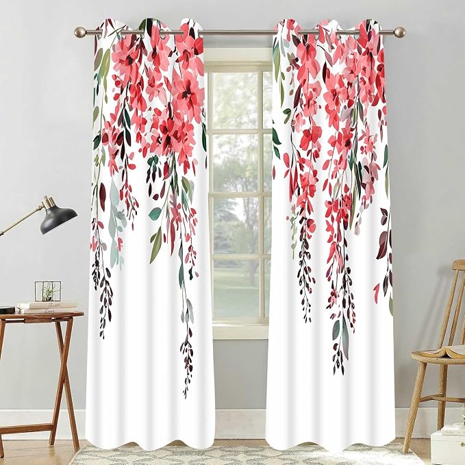 Red Watercolor Floral Curtains, Botanical Leaves Vine Flowers Curtain, Rustic Farmhouse Flower Leaf Blackout Window Treatment Drapes for Bedroom Living Room 42x72 inch, 2 Panels