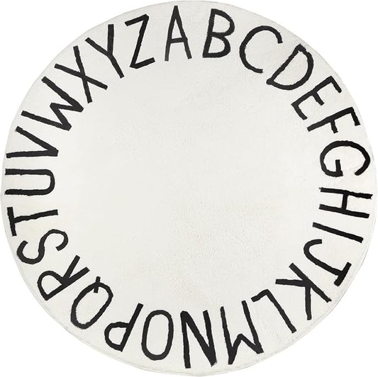 Topotdor Round Kids Play Rug Alphabet Nursery Area Rug Extra Large Soft Crawling Play Mat for Children Toddlers Bedroom (96 inch, White)