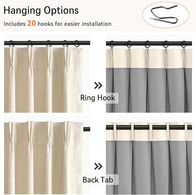 100% Blackout Shield Linen Look Textured Pinch Pleated Curtains Blackout Drapes 105 Inch Long 2 Panels Set, Faux Linen Blackout Curtains for Bedroom & Living Room, 40" W x 105" L, Cream