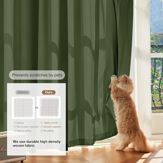 Anmao Non-See-Through Olive Green Privacy Semi Sheer Curtains for Living Room 84 Inch Length 2 Panels Set, Light Filtering That Let Light in Rod Pocket Window Drapes for Bedroom, 52W x 84L, Dark Green