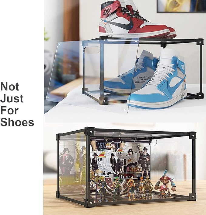 Magnetic Side Open Transparent Plastic Storage Shoe Box Clear Shoe Display Case Sneaker Shoe Storage Box Display Box Shoe Container Clear Closet Shelf Shoe Organizer (Black 4PC)