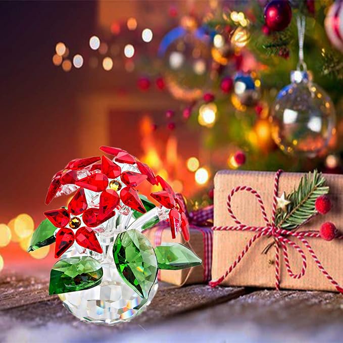 Red Crystal Poinsettia Flower Figurine Christmas Table Centerpiece Decor | Glass Craft with 6 Blooms Tabletop Centerpiece Home Office Party Decor Collectible Gift for Women Mom