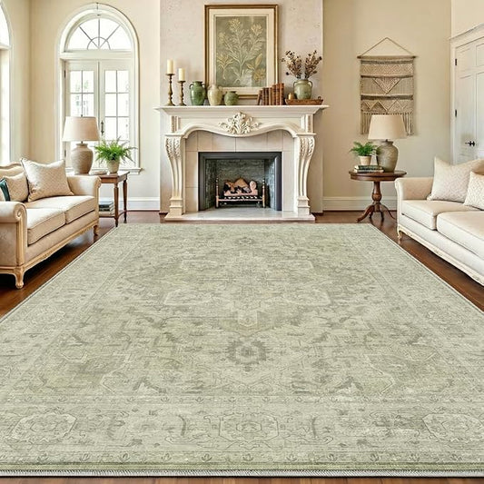 Homemate Washable Rug 8x10 Area Rugs - Vintage Faux Wool Rugs for Living Room Bedroom Dining Room - Non Slip Foldable Carpet Indoor Area Rug for Home Decor（8'x10', Green