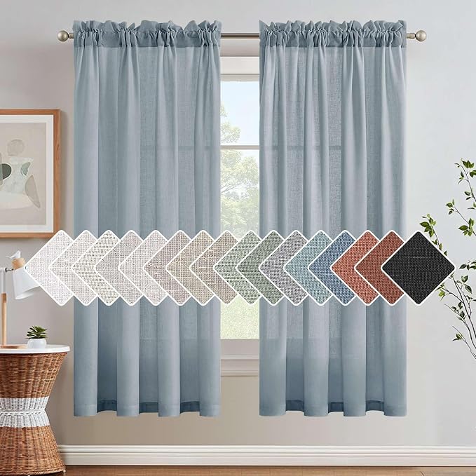 Linen Curtains Elegant Natural Linen Blended Curtains Energy Efficient Light Filtering / Rod Pocket Window Treatments Panels / Drapes for Livingroom (Set of 2, Stone Blue, 52 inch W X 72 inch L)