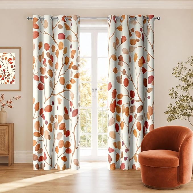 Boho Orange Brown Leaf Floral Blackout Curtains, Watercolor Bohemian Flower Print Window Drapes, Living Room Bedroom Decor 2 Panels 52x84 Inch