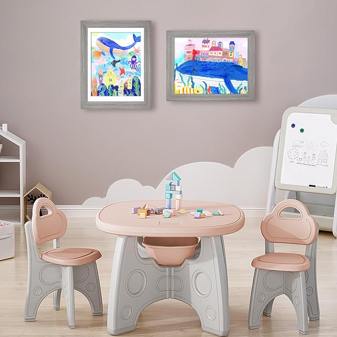 KINLINK 9x12 Kids Art Frame 2 Pack, Solid Wood Artwork Frames Changeable, Front Opening Hold 150 Pictures, Art Frames for Kids Artwork, 8.5x11 with Mat 9x12 without Mat, Picture Frames Grey