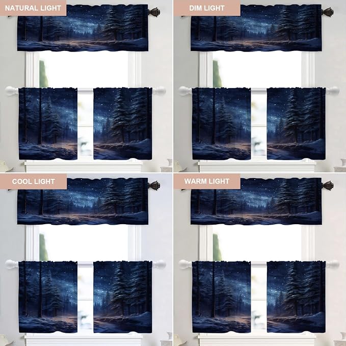 Shrahala Winter New Year Blackout Curtain Tiers, Stars Forests Snow Night Kitchen Valance Light Blocking Tier Drapes with Rod Pocket, 2 Pack 26 X 24 in