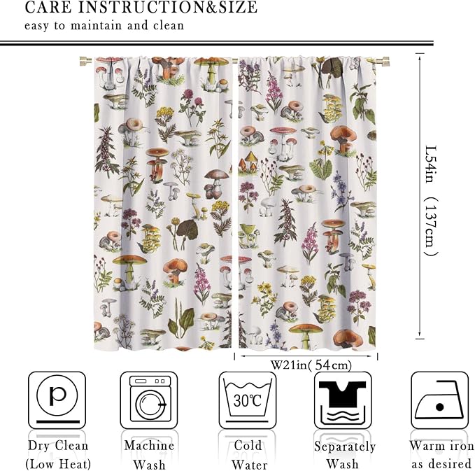 Vintage Botanical Curtains, Rustic Plants Herbs Mushroom Nature Wildflower Print Blackout Window Treatments for Living Room Bedroom Kitchen 42x54 Inch